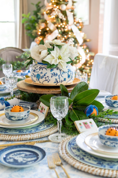 blue and white christmas table setting