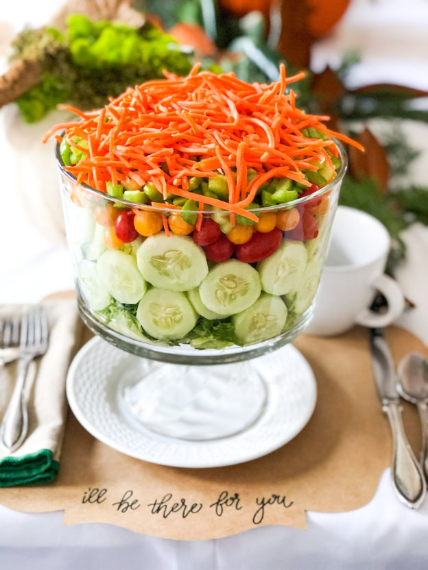 salad served in a trifle dish for friendsgiving