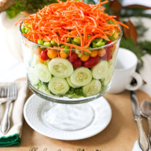 salad served in a trifle dish for friendsgiving