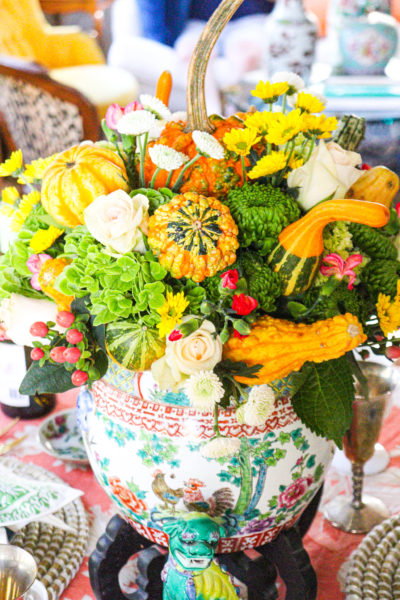 fall flower centerpiece in chinoisseire vase