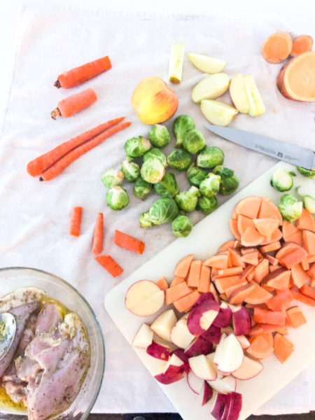 ingredients chopped for fall harvest chicken one pan meal prep