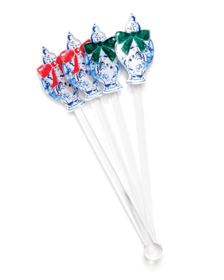giddy paperie acrylic stir sticks with blue and white ginger jars with red and green ribbons