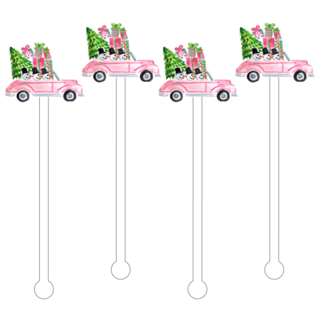 acrylic stir sticks with pink cars with snowmen gifts and christmas trees