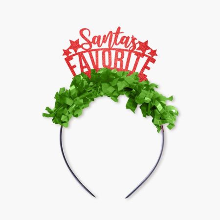 headband crown with green tinsel that reads santa's favorite
