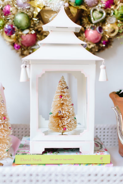 white pagoda with gold vintage bottle brush tree inside