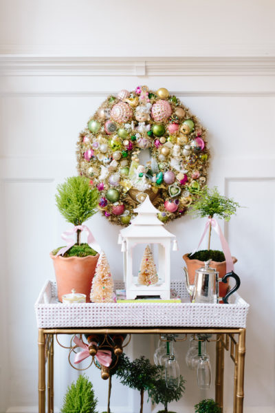 bar cart with jewelry wreath pagodas and topiaries