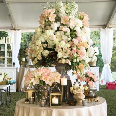 pink and white wedding flower centerpiece