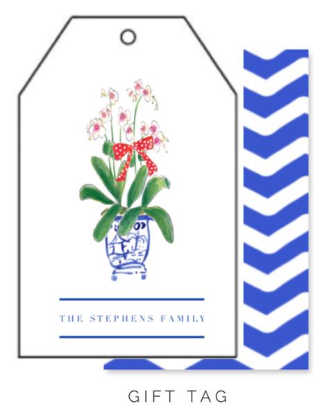 potted plant in blue and white vase on gift tag