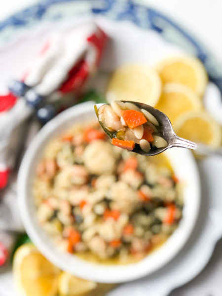 close up spoon view of chicken orzo soup