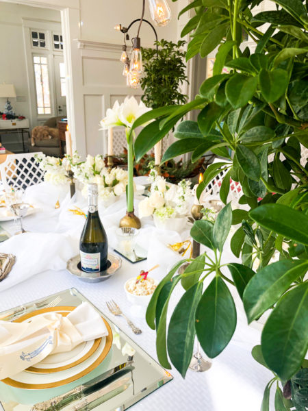 winter table setting with green plants and cafe lights