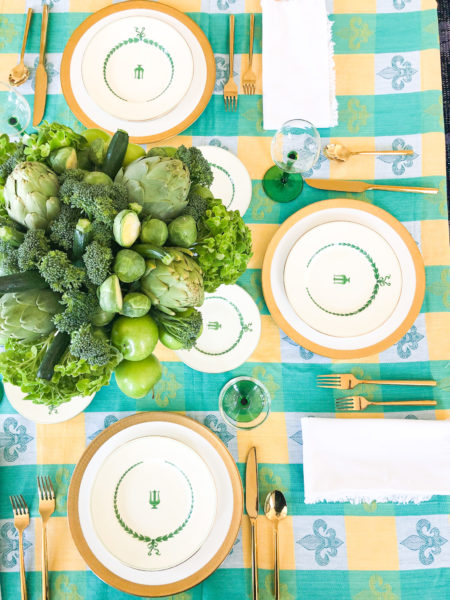 st patricks day table setting with teal and gold and green