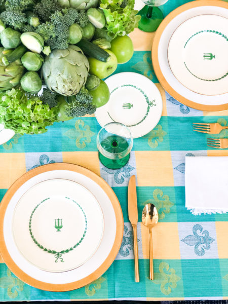 st patricks day table setting with green and teal and gold