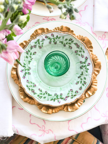 spring table setting with pink green and gold