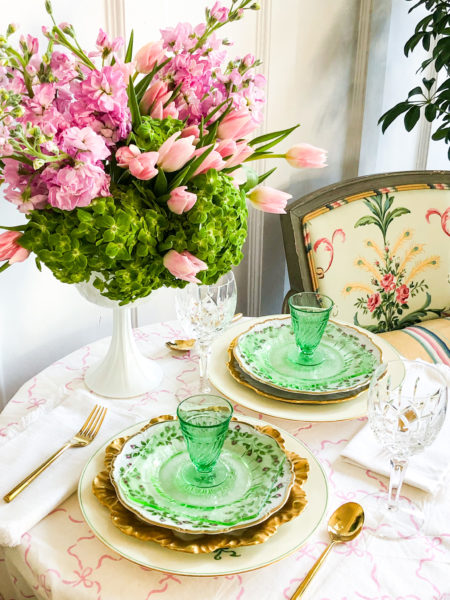 table setting with pink and green