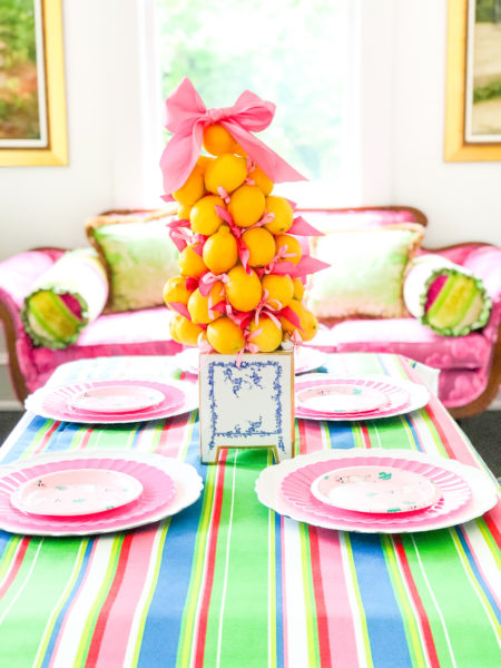 lemon topiary on striped tablecloth