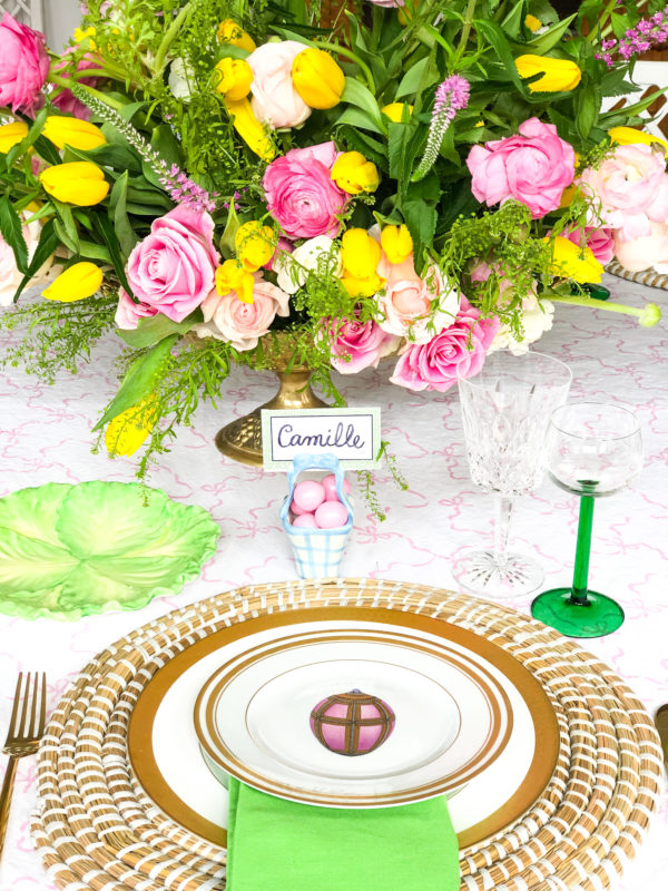 easter table setting with egg plate and camille place card