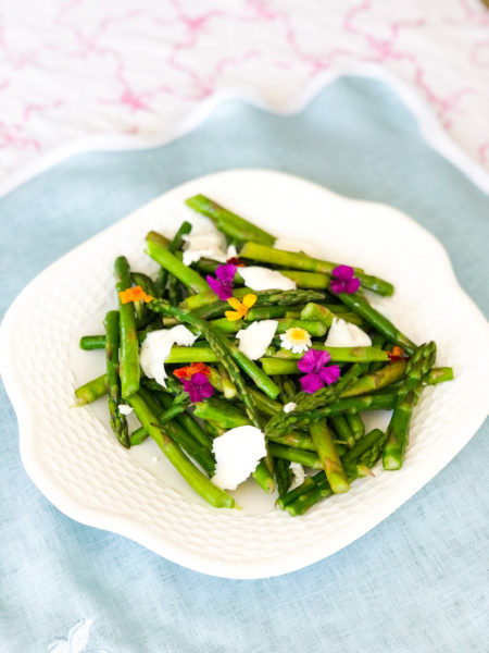 asparagus salad on blue placemat