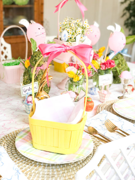 yellow basket for easter lunch on kids table