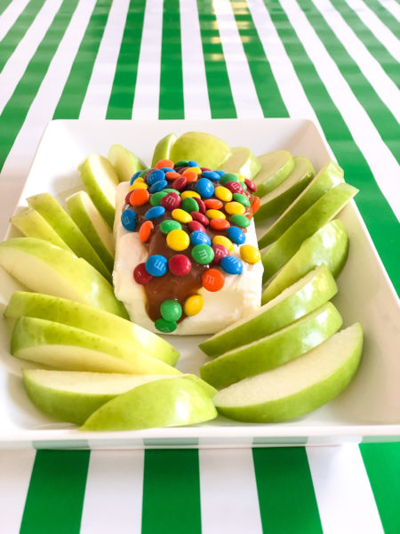 green apple slices with caramel cream cheese candy dip
