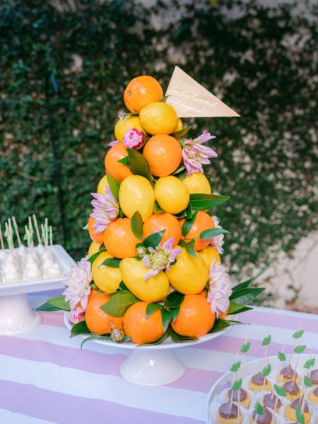 lemon orange topiary cake with green leaves