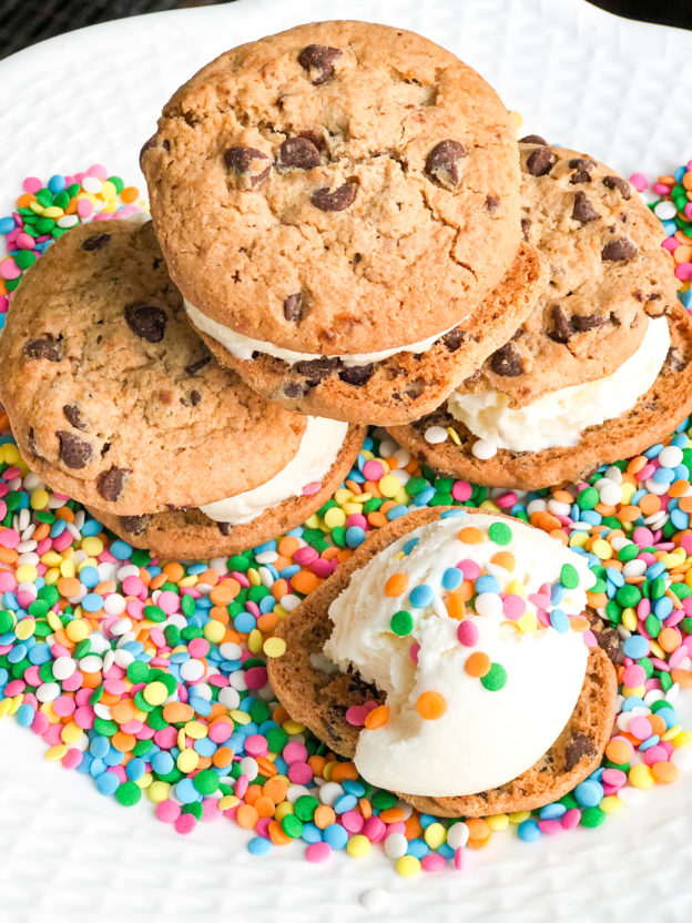 ice cream sandwiches with chocolate chip cookies vanilla ice cream and sprinkles