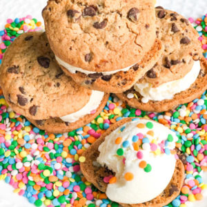 ice cream sandwiches with chocolate chip cookies vanilla ice cream and sprinkles