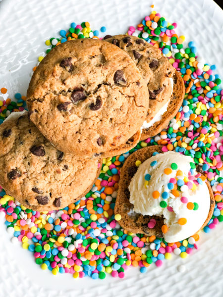 ice cream sandwiches chocolate chip cookies vanilla ice cream round sprinkles