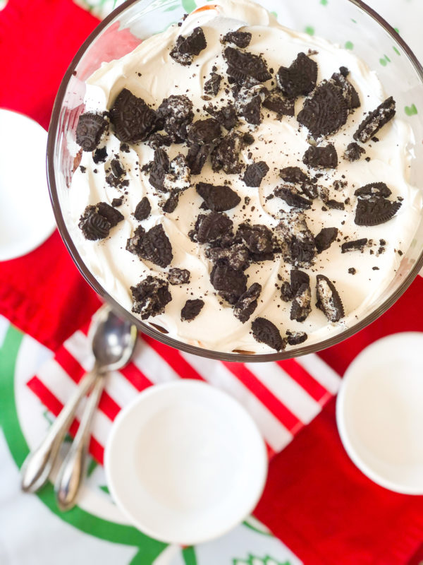 Brownie trifle made bourbon, layered with chocolate pudding, cool whip, and crushed Oreos