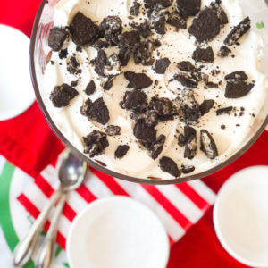 Brownie trifle made bourbon, layered with chocolate pudding, cool whip, and crushed Oreos