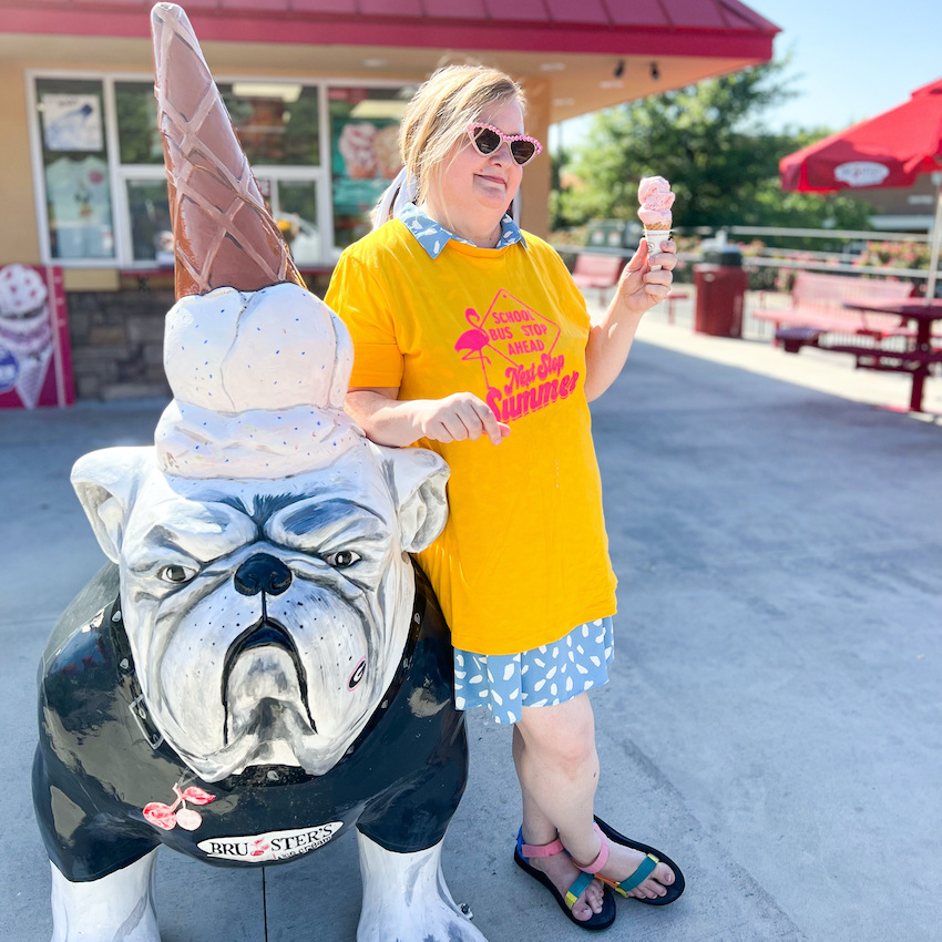 Woman posing in Tee is For Teacher tee with an ice cream cone