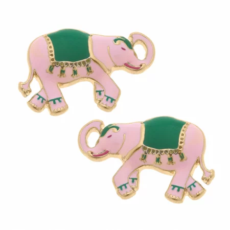 pink enamel elephant earrings with green accents