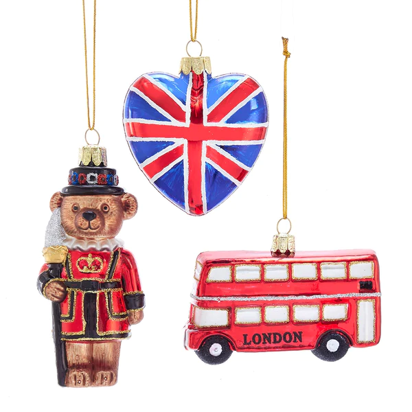 paddington bear union jack heart and doube decker bus ornaments