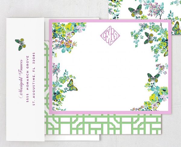 butterfly chintz stationery in pink green blue and white