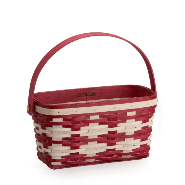 red and white basket with handle