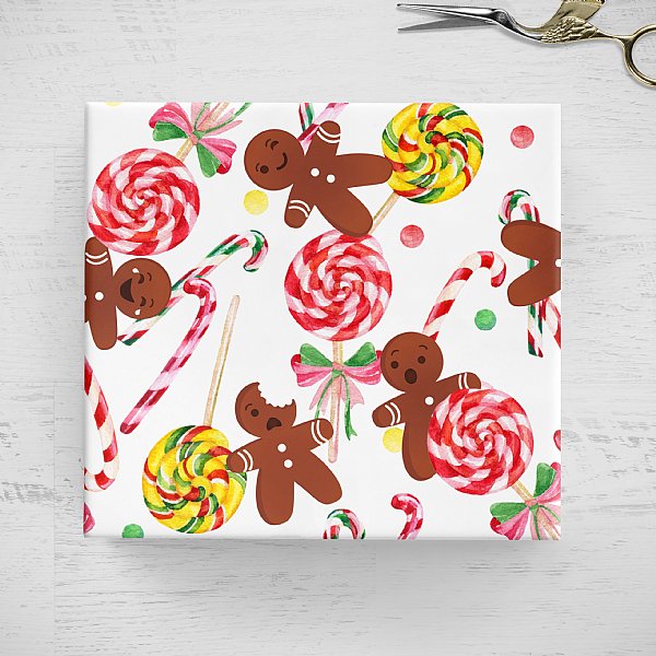 wrapping paper with lollipops and gingerbread people