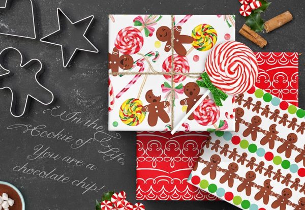 collage of gingerbread wrapping paper on chalkboard with cookie cutters