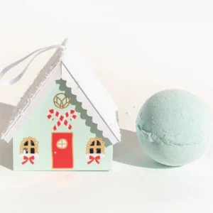 mint gingerbread house box with bath bomb