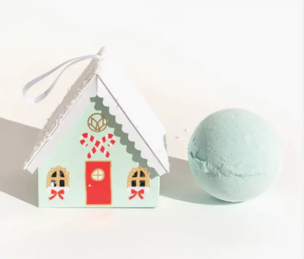 mint gingerbread house box with bath bomb