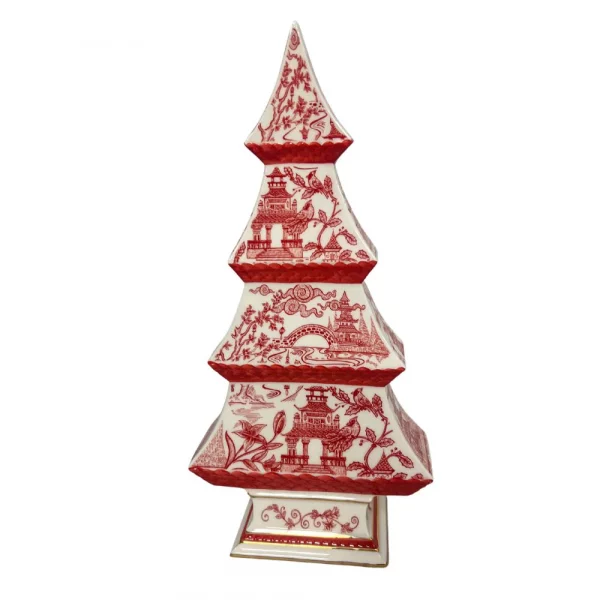 porcelain tree with toile scene in red