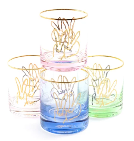 double old fashioned glasses with gold bunnies