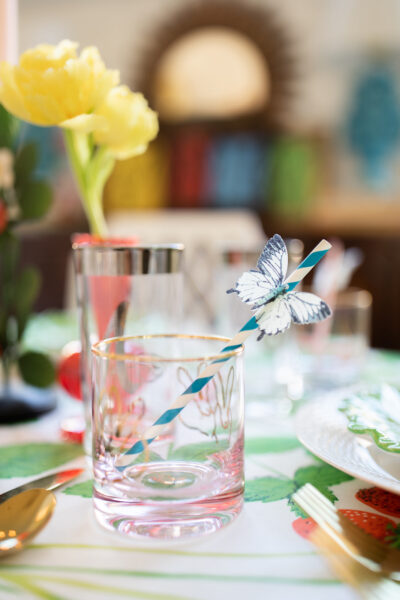 bunny glass with straw in it with wafer paper butterfly on straw