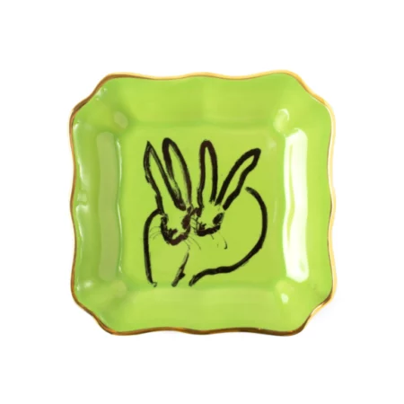 Hunt slonem bunny plate small green with two black bunnies painted on it