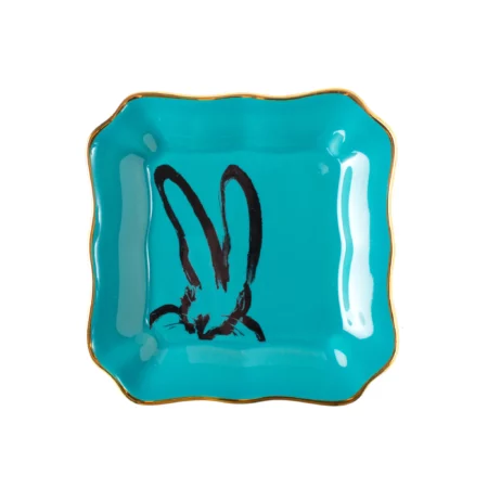 hunt slonem bunny plate in turquoise blue with black bunny
