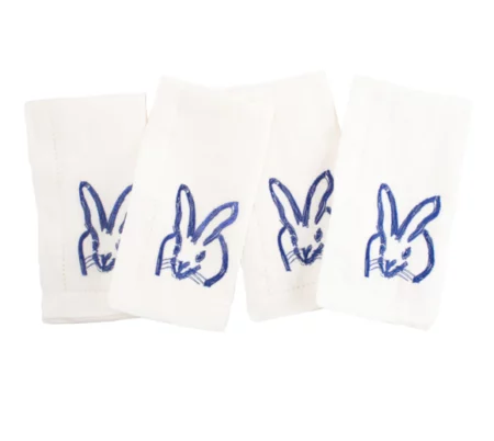 cobalt bunnies embroidered on white linen napkins