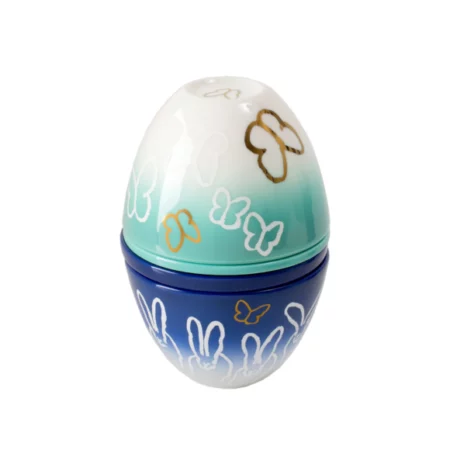 nesting bowls shaped like an egg and painted with bunnies on bottom and butterflies on top