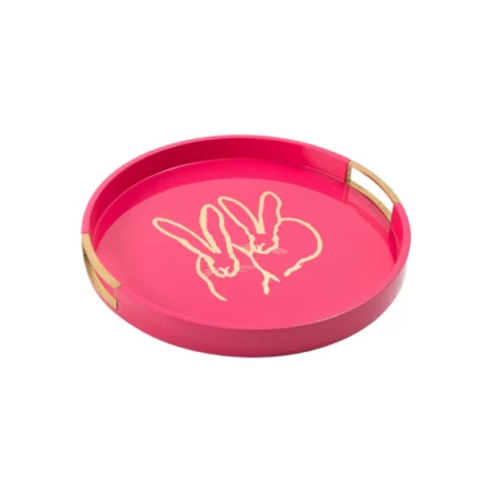 bright pink drink tray with two bunnies in center painted in gold