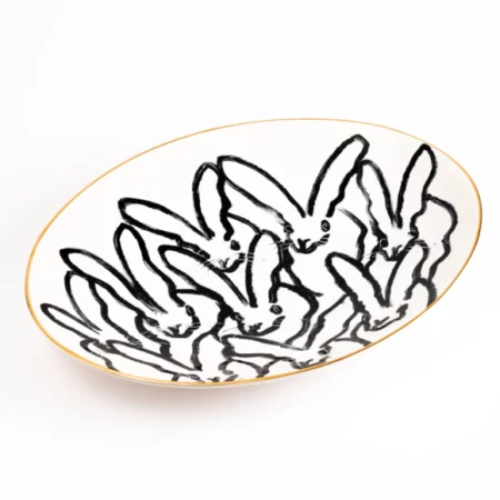large oval platter in white with outlined bunnies in black