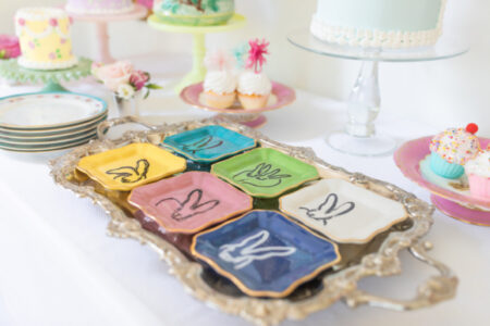 bunny dessert plates on silver tray on cake table