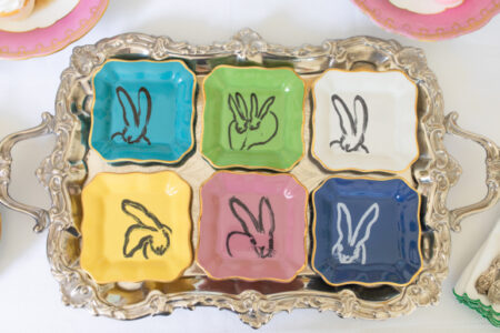 bunny dessert plates on a silver tray